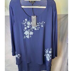 D2 Diane Gilman 1X Navy Floral Embroidered Layered Knit Top NWT Plus Size